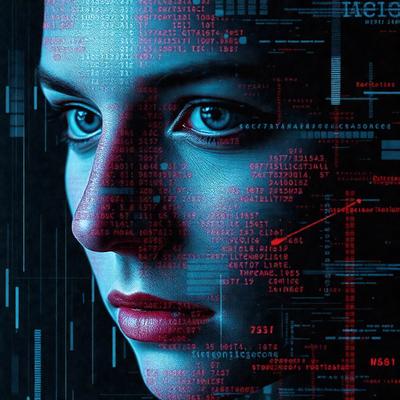 The primary subject of the image is a woman with blue eyes and a blue nose. She is staring directly at the camera, and her eyes are wide open. The setting is a futuristic environment, with a backdrop of a computer screen filled with code. The visual style is a combination of a photo and digital art, creating a unique and intriguing image. The colors and mood are predominantly blue, giving the image a cool and modern feel.